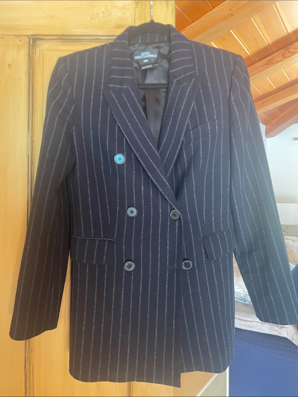 Zara The classics Navy Pinstripe Double-Breasted Blazer